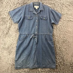 Basic Equipment Dress Womens XL Vintage Pearl Button Tie Waist Pockets Denim